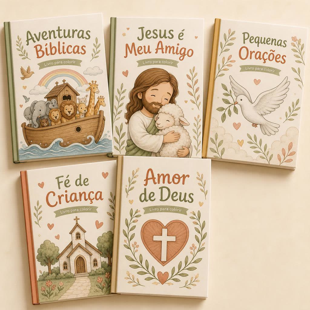 Mockup de vários livros cristãos para colorir da coleção Momentos de Fé